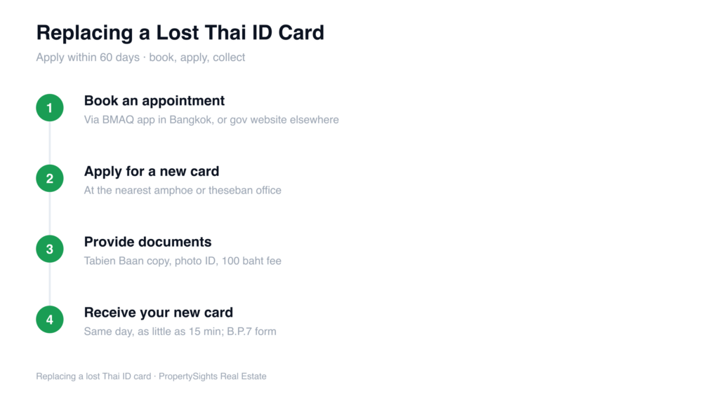 Thai national ID card replacement process — the four steps to replace a lost card: book a BMAQ appointment, apply at a district or municipal office, provide the Tabien Baan and 100 baht fee, and receive a new card the same day.
