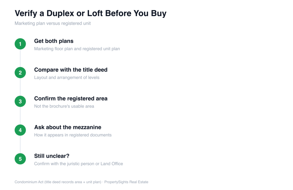 Five steps to verify a duplex or loft condo before buying: get the marketing and registered plans, compare the levels with the title deed, confirm the registered area, ask how a mezzanine is represented, and confirm with the juristic person or Land Office if unclear.